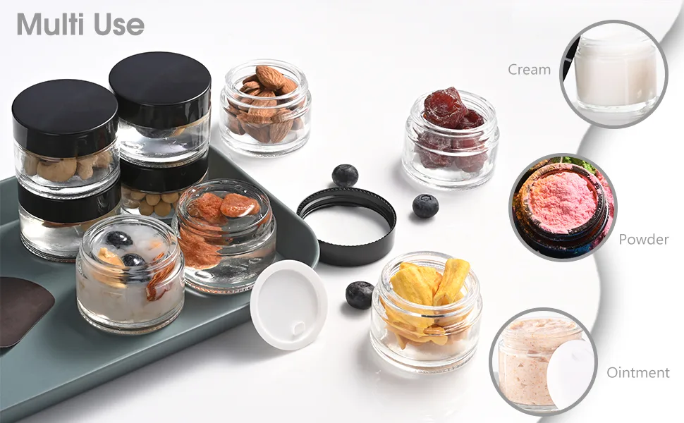 2 oz Glass Jars with Lids, Bumobum 3 pack Clear Small Jar with White Lids, Blank Labels & Inner Liners, 60 ml Empty Round Cosmetic Containers for Sample, Powder, Cream, Lotion, Spice - product information 5
