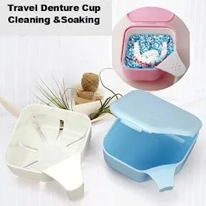 Darin 2Pack Denture Case, Denture Cleaning Container with Strainer Lid Denture Storage Box,Travel Retainer Box Denture Cup for Women and Men Lightblue - denture case