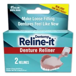 Dentemp Denture Reline Kit - Advanced Formula Reline It Denture Reliner (Pack of 1) - Denture Kit to Refit and Tighten Dentures for Both Upper & Lower Denture 1 Pack (2 Relines) - Dentemp Reline it package