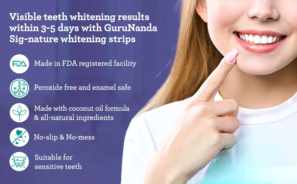GuruNanda Express Whitening Strips for Whiter Teeth, Made of Natural Coconut Oil for Sensitive Teeth, Enamel Safe (14 Strips), Clear, 1 Count - whitening strips