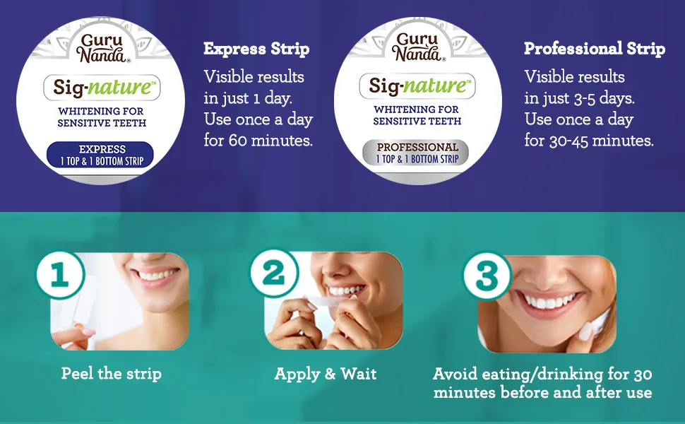 GuruNanda Express Whitening Strips for Whiter Teeth, Made of Natural Coconut Oil for Sensitive Teeth, Enamel Safe (14 Strips), Clear, 1 Count - whitening strips