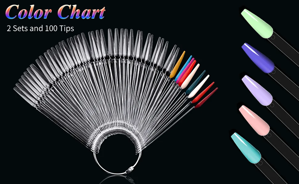 2 Sets 100 Tips Coffin Ballerina Fan Shape Plastic Nail Art Tips Display Polish Board Display Practice Sticks with Metal Split Ring Holder,NT080 (Clear) - 50 tips fan false nail art tips coffin Ballerina color chart gel polish swatch display sticks