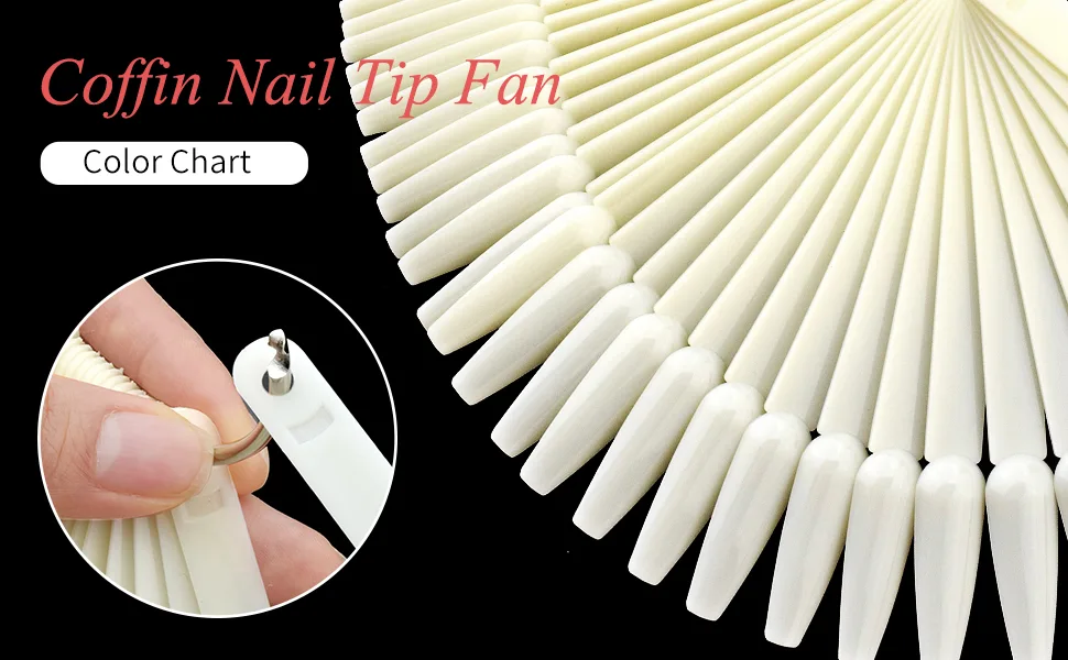2 Sets 100 Tips Coffin Ballerina Fan Shape Plastic Nail Art Tips Display Polish Board Display Practice Sticks with Metal Split Ring Holder,NT080 (Clear) - 50 tips fan false nail art tips coffin Ballerina color chart gel polish swatch display sticks