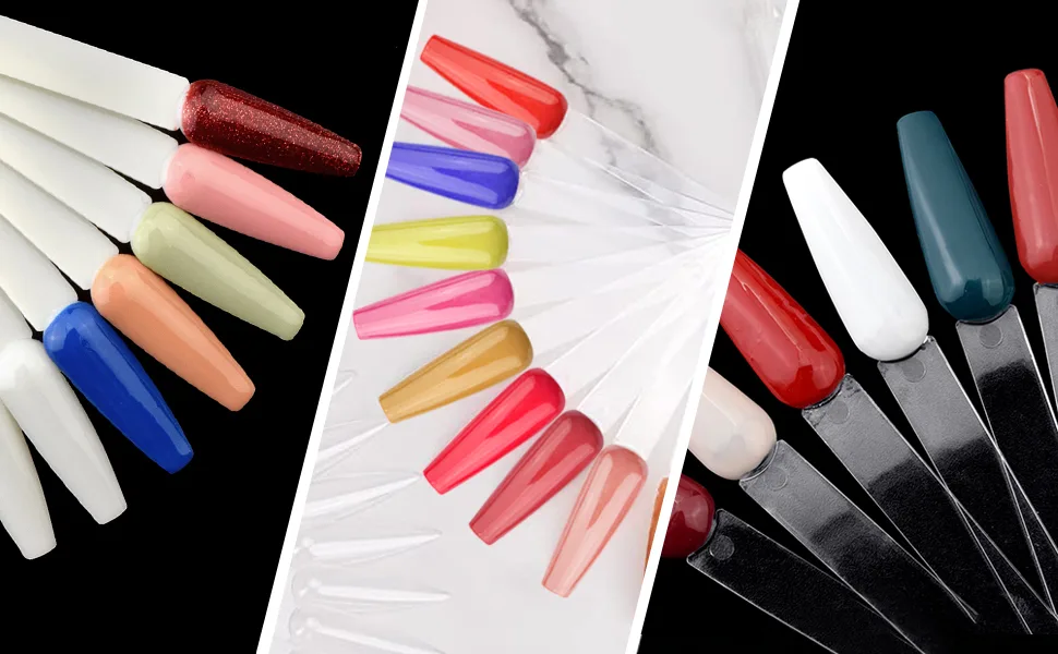 2 Sets 100 Tips Coffin Ballerina Fan Shape Plastic Nail Art Tips Display Polish Board Display Practice Sticks with Metal Split Ring Holder,NT080 (Clear) - 50 tips fan false nail art tips coffin Ballerina color chart gel polish swatch display sticks