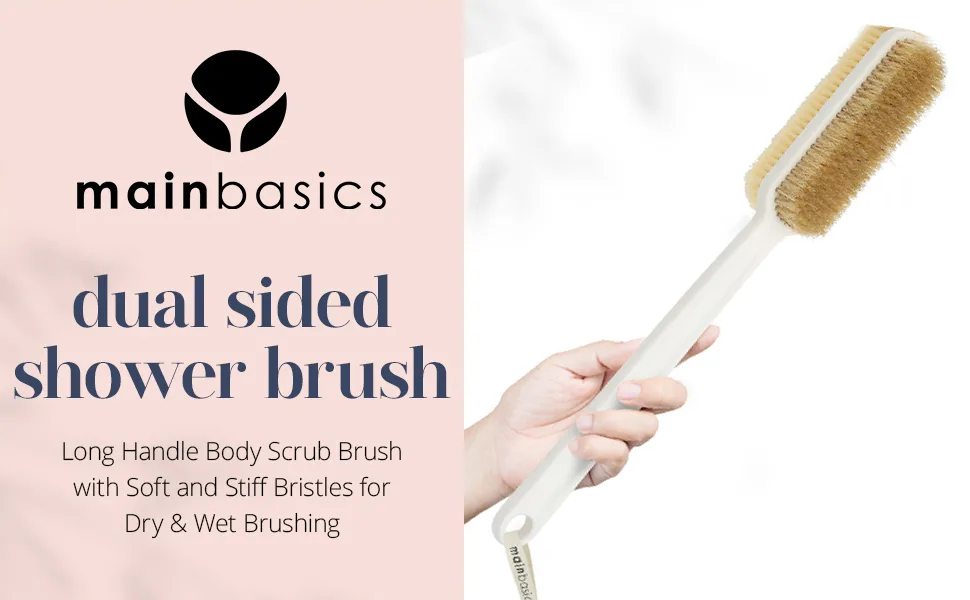 MainBasics Shower Brush Back Scrubber Dual-Sided Body Brush Long Handle with Soft and Stiff Bristles for Dry & Wet Brushing (Navy Blue) - MainBasics Plastic Dual Sided Brush Banner 1