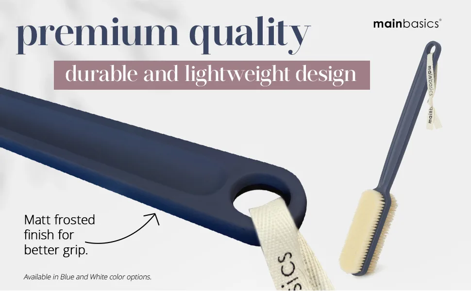 MainBasics Shower Brush Back Scrubber Dual-Sided Body Brush Long Handle with Soft and Stiff Bristles for Dry & Wet Brushing (Navy Blue) - MainBasics Plastic Dual Sided Brush Banner 2