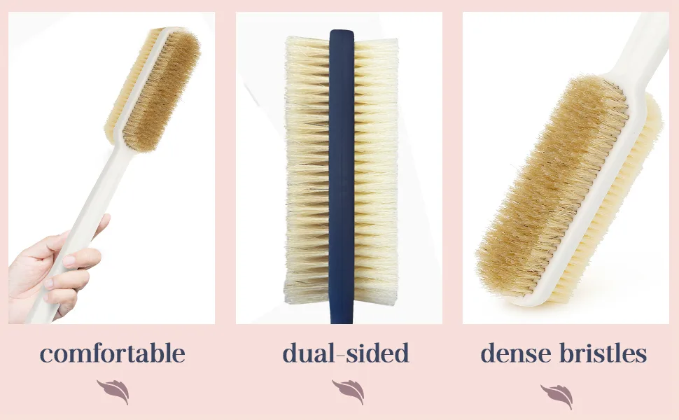 MainBasics Shower Brush Back Scrubber Dual-Sided Body Brush Long Handle with Soft and Stiff Bristles for Dry & Wet Brushing (Navy Blue) - MainBasics Plastic Dual Sided Brush Banner 4