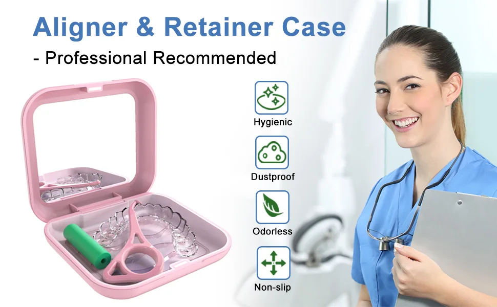 Aligner Case with Mirror and Aligner Removal Tool- Compatible with Invisalign, Aligners, and Mouth Guards, Premium Retainer Case with Magnetic Closure and Textured Liner- Easy to Use (Pink) - aligner case with mirror aligner case case for invisalign