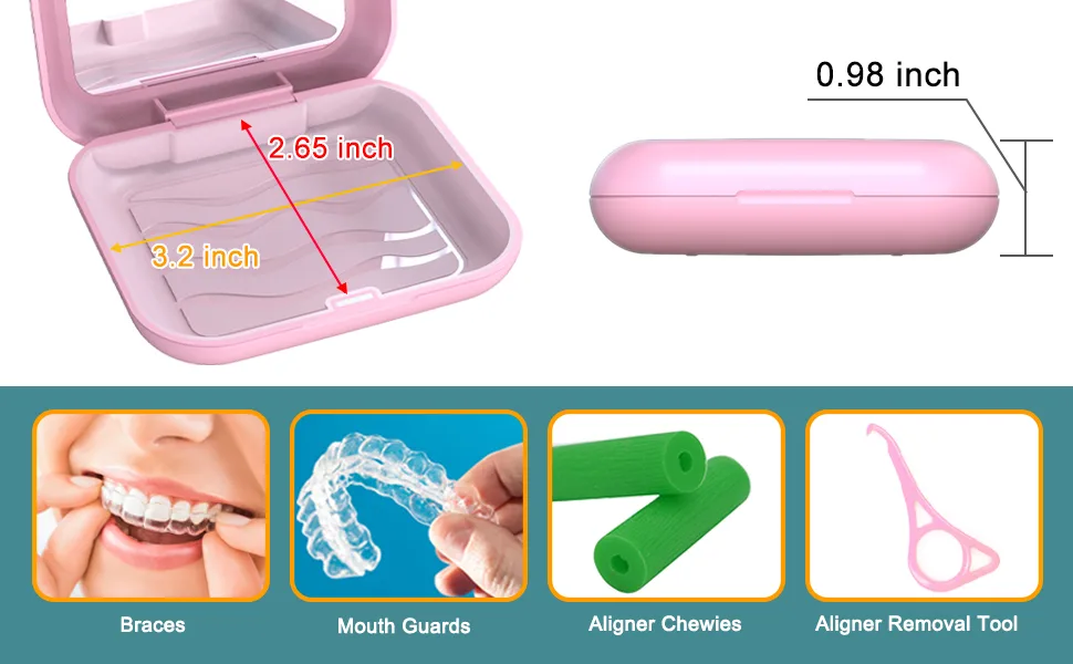 Aligner Case with Mirror and Aligner Removal Tool- Compatible with Invisalign, Aligners, and Mouth Guards, Premium Retainer Case with Magnetic Closure and Textured Liner- Easy to Use (Pink) - mouth guard case with lid hinge retainer case with mirror retainer case