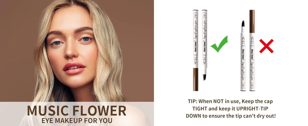 Music Flower Eyebrow Pen, Liquid Eyebrow Pen, Waterproof Brow Pencil with Micro-Fork Tip, Smudgeproof Long Lasting Fine Sketch Microblading Pen, Reddish Brown - WATERPROOF & LONG-LASTING