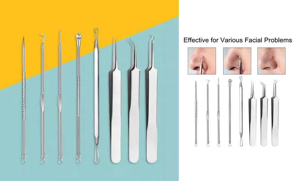 Pinkiou Blackhead Removers Comedone Pimple Popper Tool Acne Extractors Blemish Remover Ingrown Hair Tweezers Removal Kit Whitehead Remover Zit Treatment Skincare Tools for Face Nose, 8-in-1 - Treatment for blemish, whitehead popping