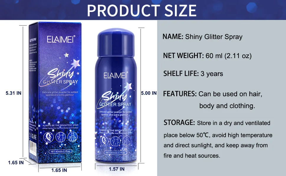 Shiny Glitter Spray, Body and Hair Glitter Spray, Quick-Drying Waterproof Body Shimmery Spray (2.11 oz) - shiny glitter spray
