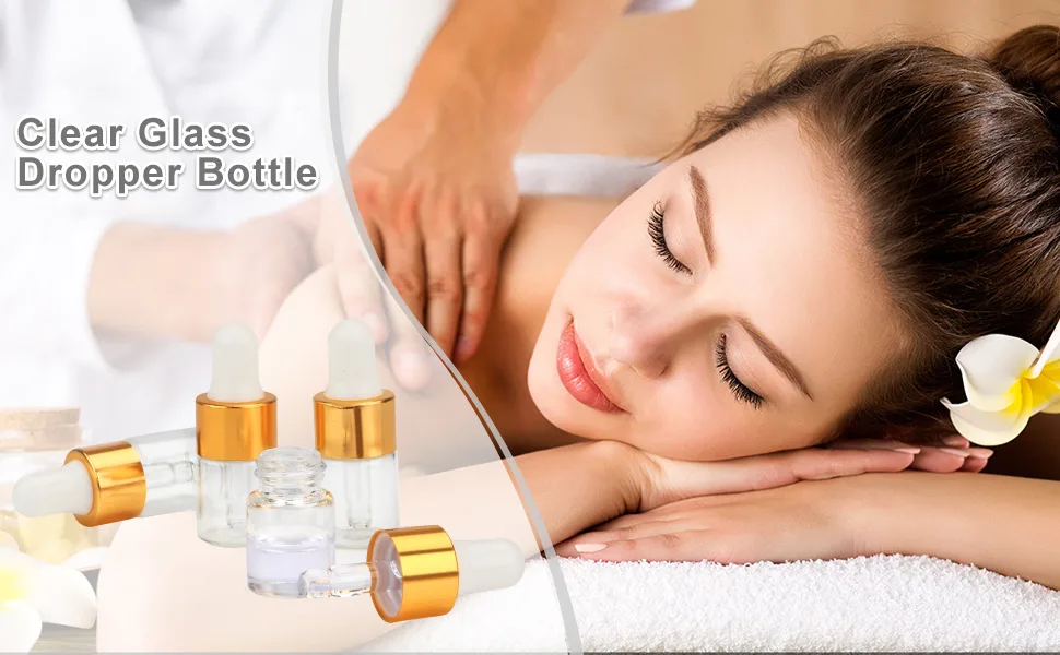 2ml(5/8 Dram) Small Mini 15 Pcs Clear Glass Dropper Bottles Essential Oil Vials Travel Refillable DIY Cosmetic Sample Container Liquid Perfume Eye Droppers Bottle (gold cap) - product information 1