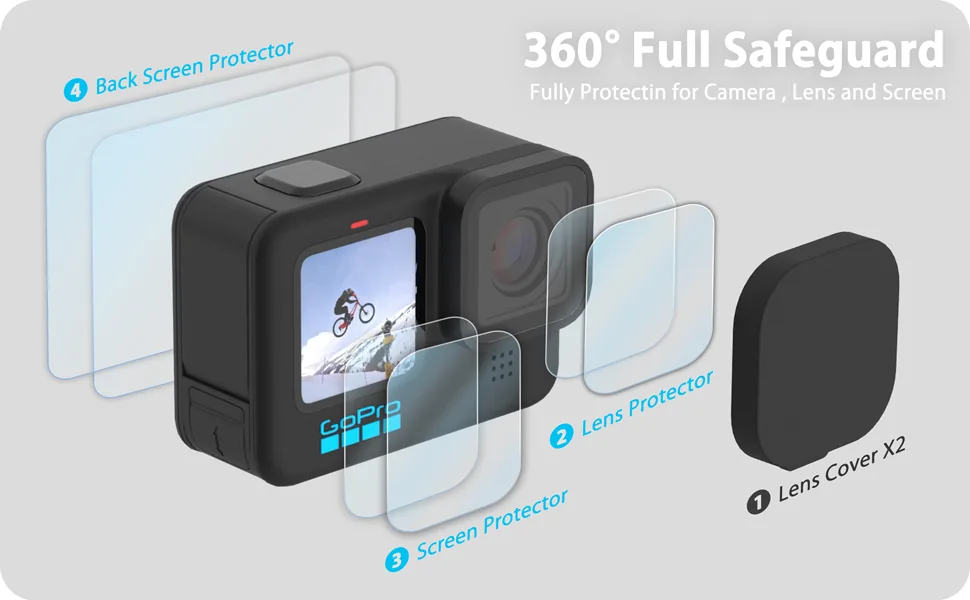 FitStill Screen Protector for GoPro Hero 11/10 / 9 Black, Ultra lear Tempered Glass Back Screen Protector + Tempered Glass Lens Protector+Tempered Glass Front Screen Protector+Lens Cover - 2 Packs - gopro 10 screen protectors