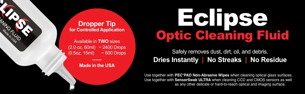 Eclipse Optic Cleaning Solution - Camera Lens and Digital Sensor Cleaner Fluid - Works with All Cameras, Binoculars, and Other Optical Products - Dropper Tip (15ml) - 0.5oz Eclipse 0.5oz - dropper eclipse