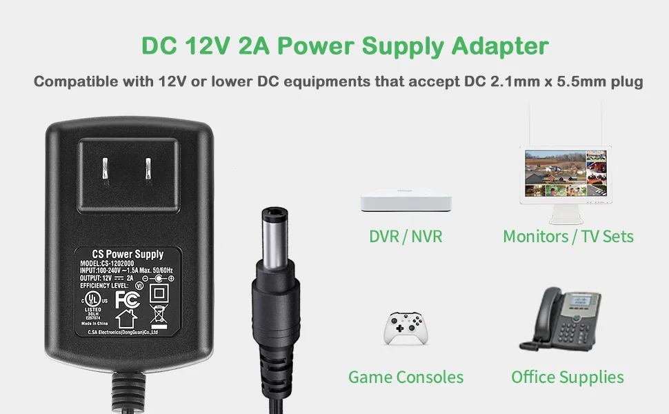 UL Certified AC 100-240V to DC 12V 2A Power Supply Adapter, Plug 5.5mm x 2.1mm for CCTV Camera DVR NVR Led Light Strip UL Listed FCC 1-Pack - product information 18