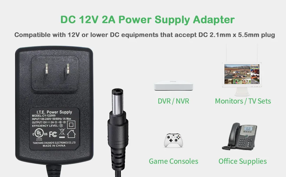 UL Listed AC to DC 12V 2A Power Supply Adapter 5.5mm x 2.1mm for CCTV Camera DVR NVR,LED Strip,24 Watt Max,1.2m Cord 1-Pack - product information 17