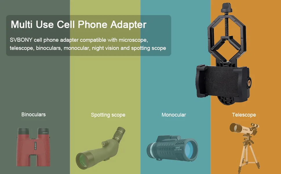 SVBONY Universal Cell Phone Adapter Mount Telescope Phone Mount for Binocular Monocular Spotting Scope Telescope Support Eyepiece Diameter 25 to 48mm 25-48mm - phone adapter