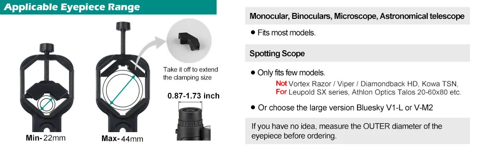 VANKEY Cellphone Telescope Adapter Mount, Universal Phone Scope Mount, Work with for Spotting Scope, Telescope, Microscope, Monocular, Binocular, for iPhone, Samsung, HTC, LG and More - TMP09-970300-02
