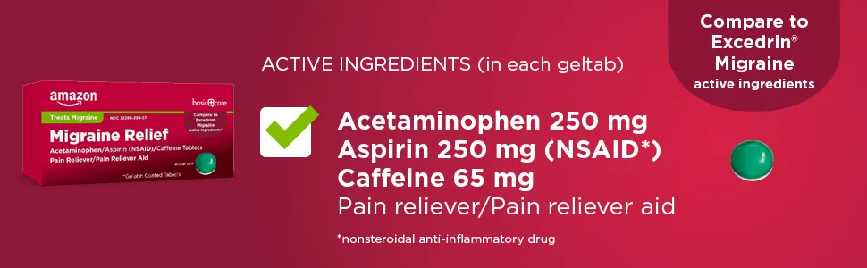 Amazon Basic Care Migraine Relief Geltabs, Acetaminophen, Aspirin (NSAID) and Caffeine, 80 Count - Basic Care Migraine Relief active ingredients