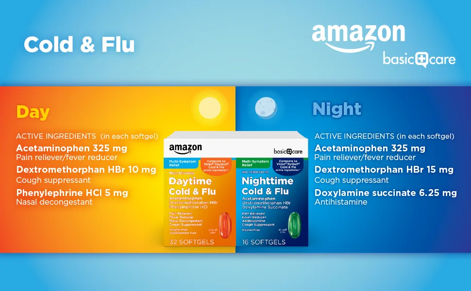 Amazon Basic Care Cold and Flu Relief Daytime and Nighttime Combo Pack Softgels Powerful Cold Medicine for Day and Night Multi-Symptom Relief, 48 Count 48 Count (Pack of 1) Daytime & Nighttime - Daytime nighttime cold flu combo pack