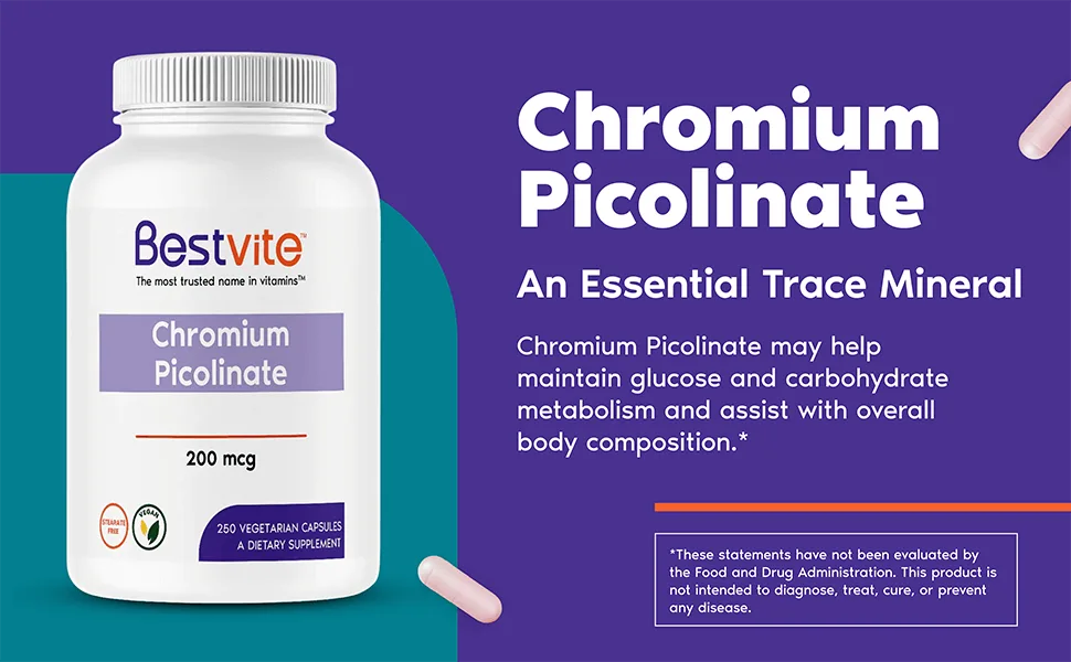 Bestvite Chromium Picolinate 200mcg (250 Vegetarian Capsules) - No Stearates - No Flow Agents - Vegan - Gluten Free - Non GMO - Chromium Picolinate is an essential trace mineral supplement