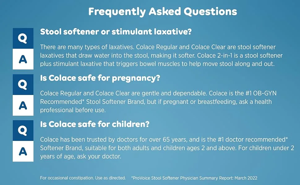 Colace Clear Stool Softener 50mg Soft Gels 28 Count Docusate Sodium Stool Softener for Gentle Dependable Relief Doctor Recommended - Frequently asked Questions