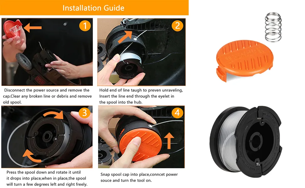 MOLIK Trimmer Spool for Black+Decker, Autofeed Replacement Spools for AF-100 String Trimmer Edger, 240ft 0.065" Trimmer Line Replacement Spool(6 Replacement Spool,1 Spool Cap(Orange),1 Spring) - installation