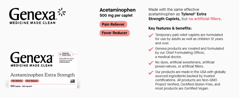 Genexa Extra Strength Acetaminophen Pain & Fever Relief Caplets, 500 mg, 100 Count Unflavored 100 Count (Pack of 1) - genexa acetaminophen key features and benefits