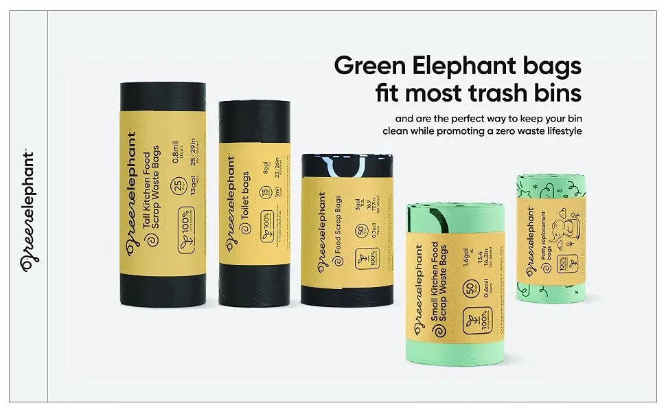 Green Elephant Compost Bags Small-Compostable Trash Bags,Small Biodegradable Trash Bags,Compostable Bags for Kitchen Compost Bin,1.6 Gallon Biodegradable Bags,BPI Certified Compostable Bag (2 Pack) - 1.6 gallon trash bags,compost trash bags,composting bags,compost bags 1 gallon,food scrap bags
