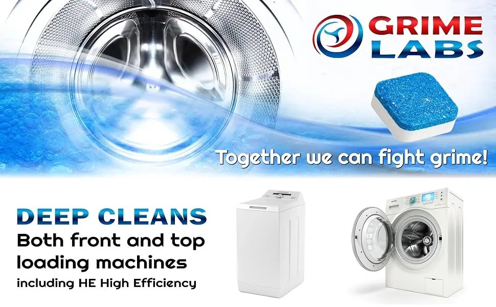 GRIME LABS Washing Machine Cleaner Tablets - Penetrating Deep Clean Washer Cleaner Tablets For Front Loader And Top Load HE - Active Oxygen Formula Tub Descaler Deodorizer - washer cleaner tablets washing machine cleaning tablets laundry descaler front load and top loader