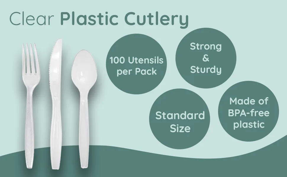 Clear Plastic Spoons, 100 Count: Heavy Duty and Disposable Utensils, Great for Parties, Picnics, Office & School Spoons (Pack of 100) - Cutlery Main