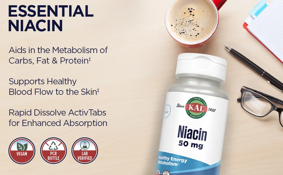 Kal 50 Mg Niacin Tablets, 200 Count - vitamins b niacin immune support supplements cholesterol lowering skin immunity flush free
