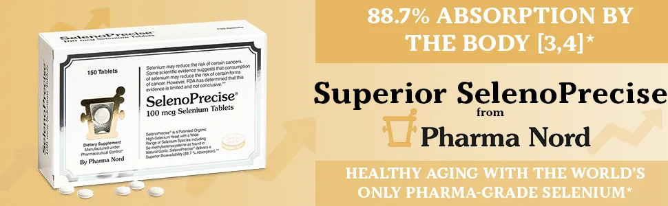 SelenoPrecise | World's Only Pharmaceutical-Grade Organic Selenium Supplement | Guaranteed 88.7% Absorption | Thyroid Support, Immune System, Prostate Protection & Heart Health | Selenium 100 mcg tabs 60 - Banner
