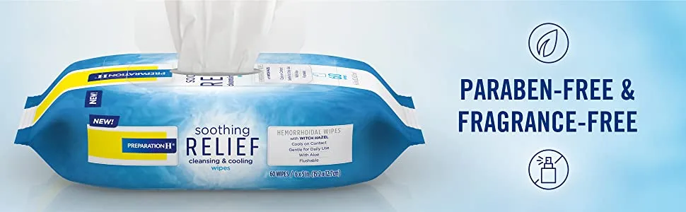 Preparation H Soothing Relief Cleansing & Cooling Wipes, Aloe and Witch Hazel Wipes for Butt Itch Relief - 60 Count - Preparation H