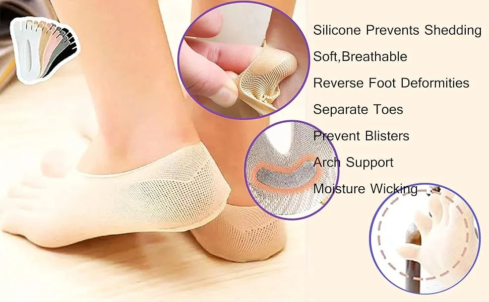 Qauxbul 5 Pairs Sock Align Toe Socks for Bunion, Orthopedic Compression Toe Sock Women, No Show Low Cut Five Finger Socks Toe Socks-B - Finger Socks