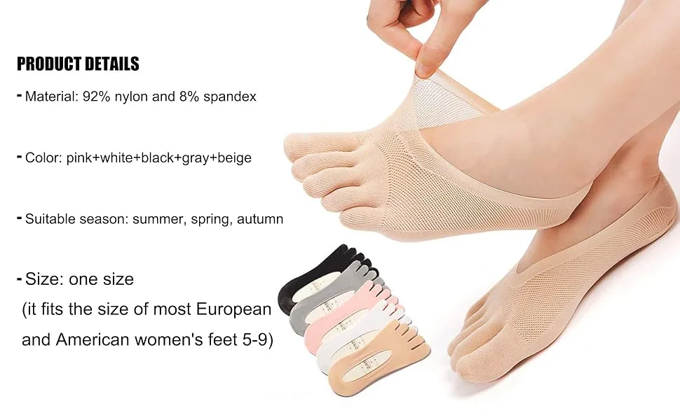 Qauxbul 5 Pairs Sock Align Toe Socks for Bunion, Orthopedic Compression Toe Sock Women, No Show Low Cut Five Finger Socks Toe Socks-B - Orthopedic Toe Sock