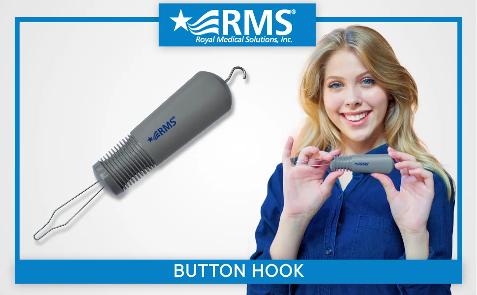 RMS Button Hook with Zipper Pull - Button Assist Device with Comfort & Wide Grip, Shirt & Coat Buttoning Aid Ideal for Limited Dexterity Caused by Arthritis (Grey) - button hook zipper pull dressing stick aid for daily living arthritis buttoner buttoning dexterity