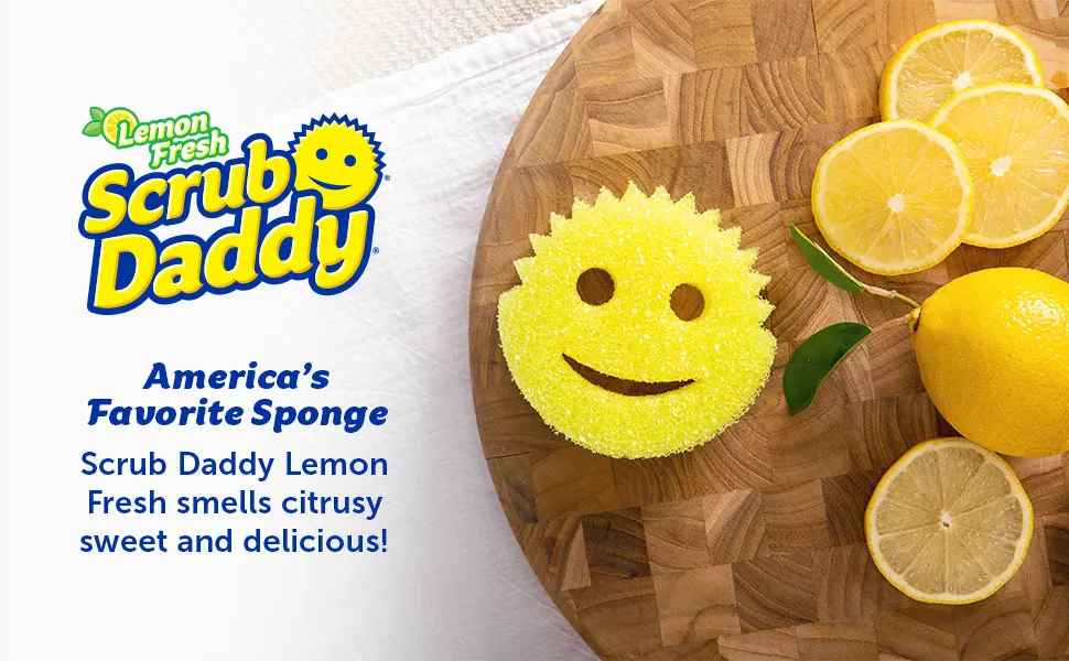 Scrub Daddy Sponge - Lemon Fresh Scent - Scratch-Free Multipurpose Dish Sponge - BPA Free & Made with Polymer Foam - Stain & Odor Resistant Kitchen Sponge (1 Count) - reusable sponges for dishes kitchen sponge scouring pads esponjas para lavar platos cleaning tool