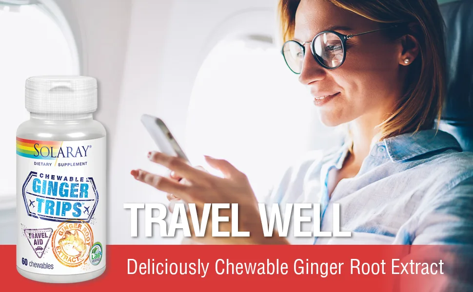 SOLARAY Ginger Trips Travel Aid | Root Extract | Healthy Digestive Support w/ Honey, Stevia & Molasses | 60 Chewables - Solaray Ginger Trips for Travel, 60 Chewables