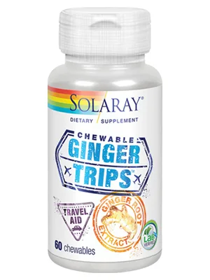 SOLARAY Ginger Trips Travel Aid | Root Extract | Healthy Digestive Support w/ Honey, Stevia & Molasses | 60 Chewables - Solaray Ginger Trips for Travel, 60 Chewables