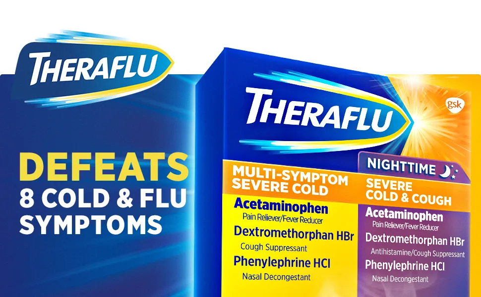 Theraflu Combo Daytime and Nighttime Severe Cold Relief Powder, Honey Lemon Flavor, 12 Count, 6 Daytime and 6 Nighttime - Theraflu Multi-symptom Severe Cold & Nighttime Severe Cold & Cough Combo Powder