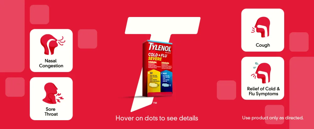 Tylenol Cold + Flu Severe Day & Night Caplets for Fever, Pain, Cough & Congestion Relief, 24 Count - Tylenol Cold + Flu Severe on Red Background