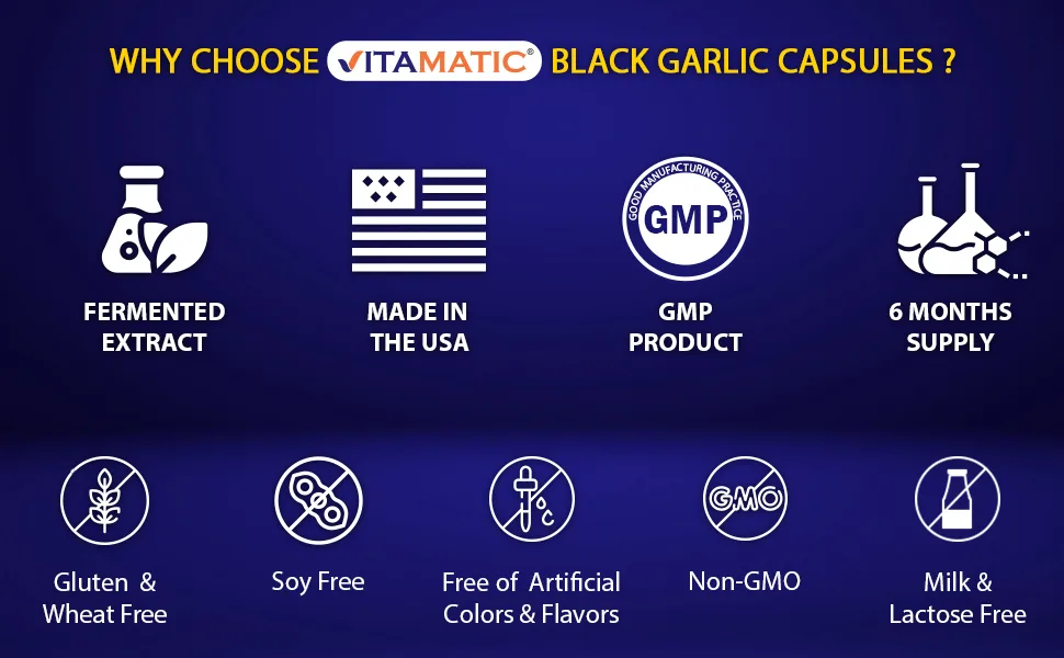 Vitamatic Fermented Black Garlic Extract 1000 mg 60 Capsules - Non-GMO, Gluten Free - Antioxidant and Cholesterol Support - Black Garlic