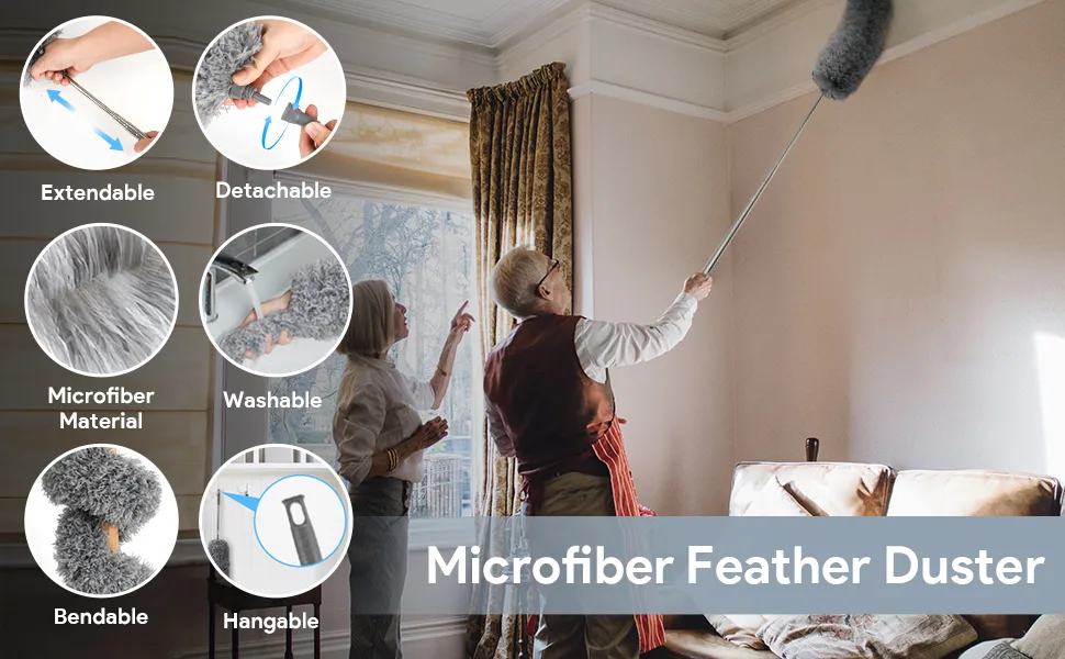 Microfiber Feather Duster - an 100 inch Extendable and Bendable Long Handle Dusters for Dust and Cobweb Cleaning All-Round Home Cleaning Gray - product information 3