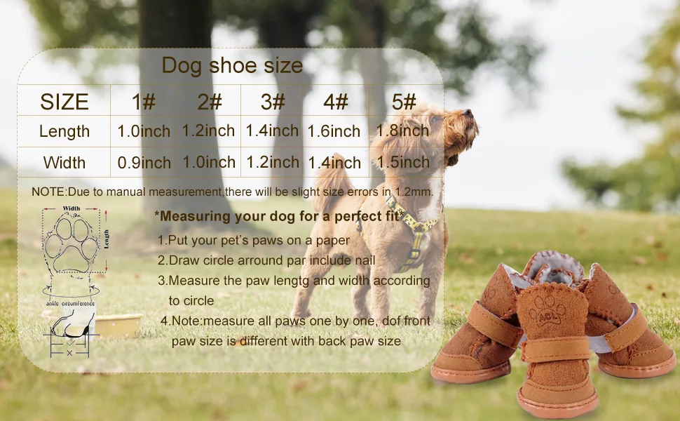 URBEST Dog Shoes with Hook Loop Closure Booties Pet Dog Chihuahua Shoes Boots, 4Pcs (2#, Brown) 2# Brown - Size Chart