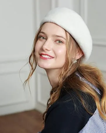 Women French Wool Beret Hats - Solid Color Classic Beanie Winter Cap Black - white beret