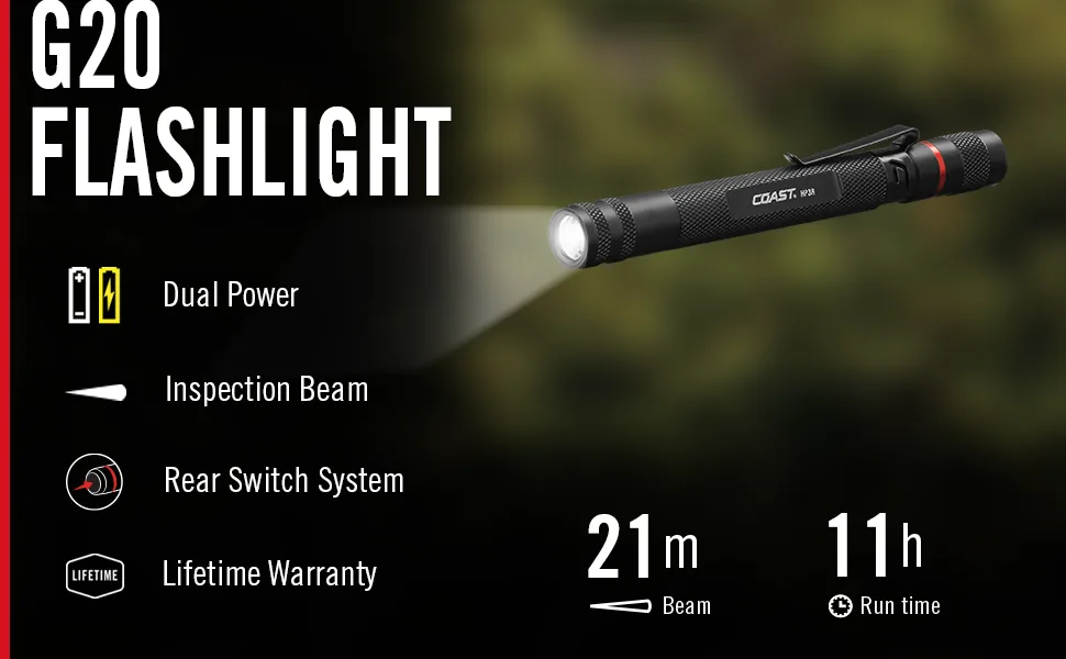 Coast G20 Inspection Beam LED Penlight with Adjustable Pocket Clip and Consistent Edge-To-Edge Brightness, Black, 54 lumens,1 Pack - g20 header b
