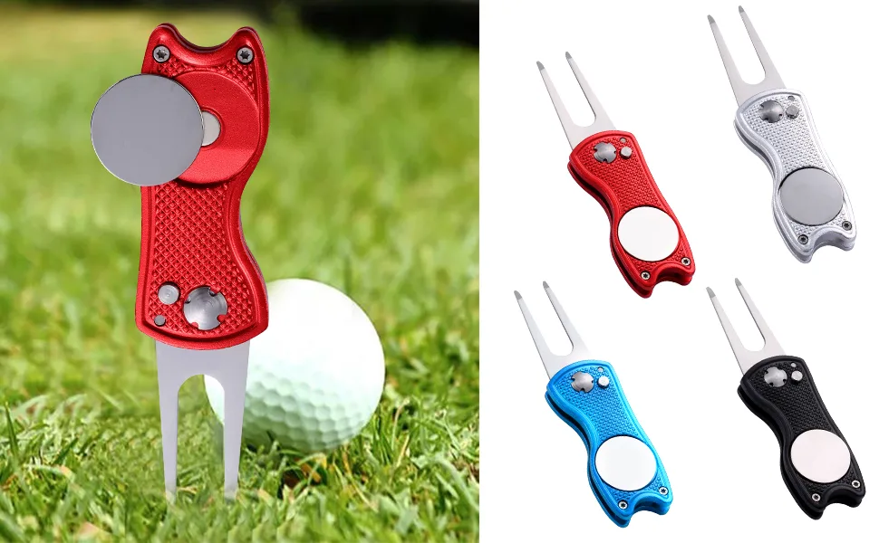 Fpxnb 2 Pack Metal Foldable Golf Divot Tool with Pop-up Button & Magnetic Ball Marker (Pack of 2, Fish Design) red & silver - product information 2