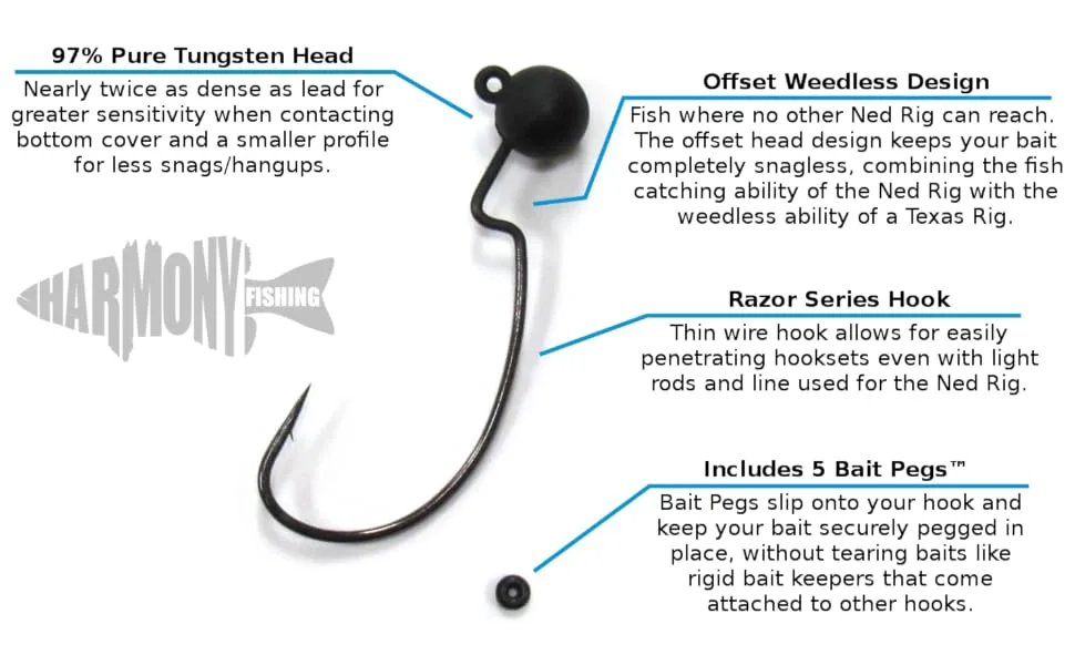 Harmony Fishing - Tungsten Offset Weedless Ned Rig Jigheads (5 Pack) 1/8oz (5 Pack) - Harmony Tungsten Offset Weedless Ned Rig Features